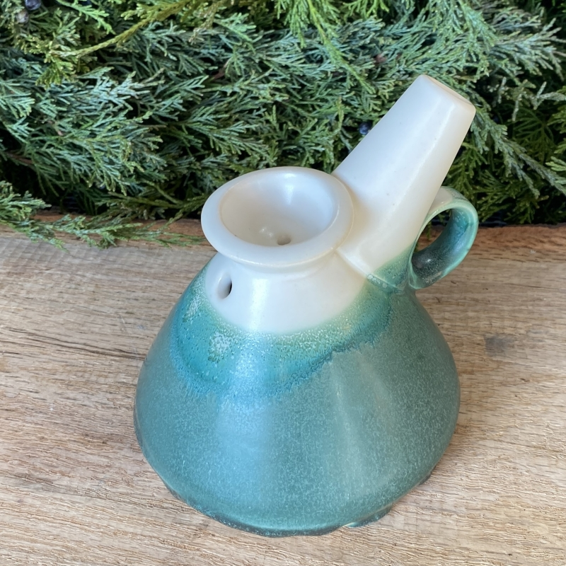 Conical bubbler with teal and white glaze